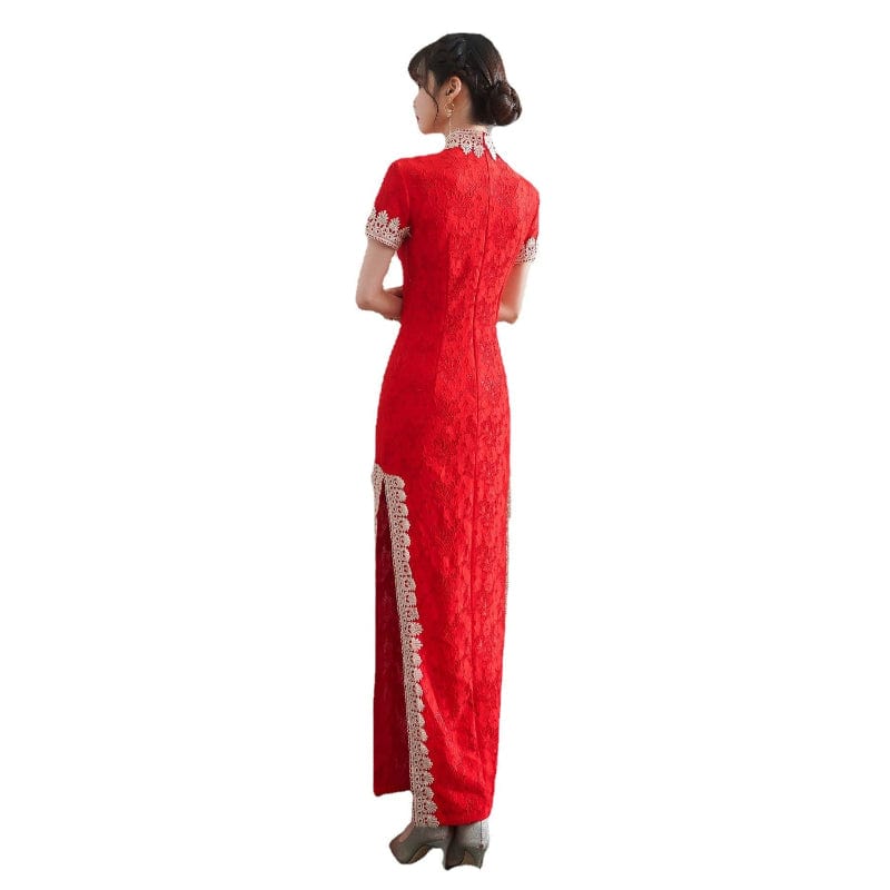 Beth and Brian Qipao-HYY Lace fabric, floral pattern, red long Cheongsam