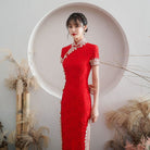 Beth and Brian Qipao-HYY Lace fabric, floral pattern, red long Cheongsam