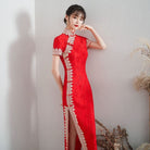Beth and Brian Qipao-HYY Lace fabric, floral pattern, red long Cheongsam