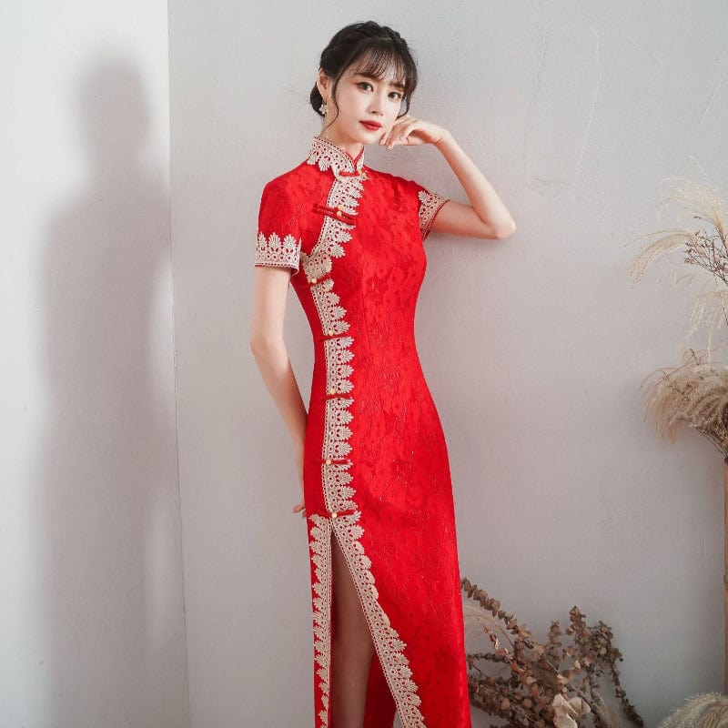 Beth and Brian Qipao-HYY Lace fabric, floral pattern, red long Cheongsam