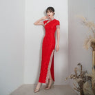 Beth and Brian Qipao-HYY Lace fabric, floral pattern, red long Cheongsam