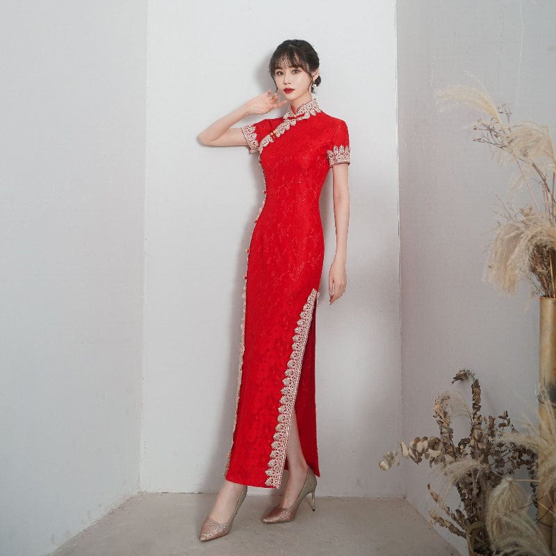 Beth and Brian Qipao-HYY Lace fabric, floral pattern, red long Cheongsam