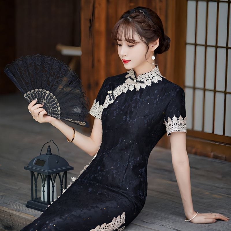 Beth and Brian Qipao-HYY Lace fabric, floral pattern, red long Cheongsam