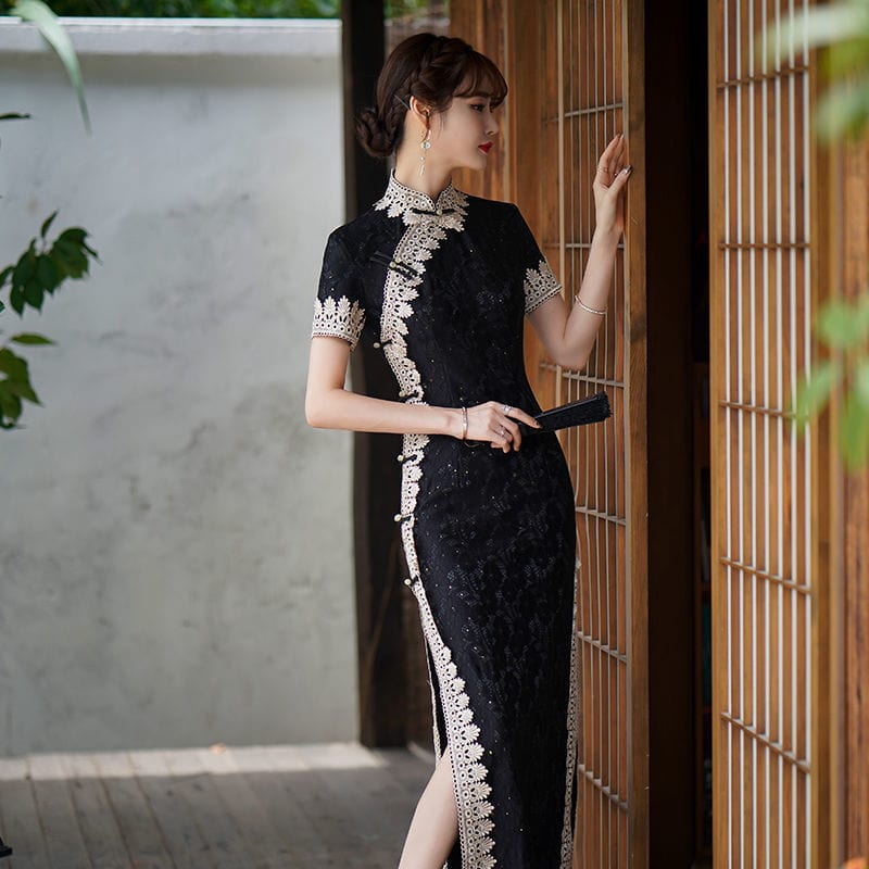 Beth and Brian Qipao-HYY Lace fabric, floral pattern, red long Cheongsam