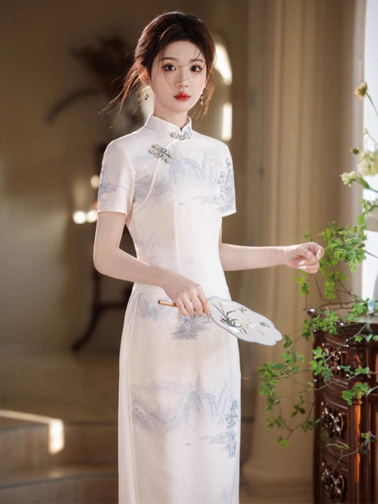 Beth and Brian Qipao-JN Chinese water painting pattern, white&green midi Ao dai