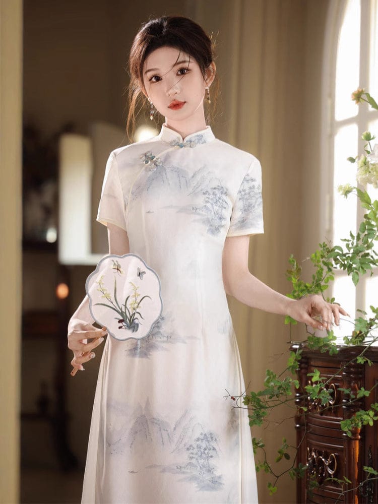 Beth and Brian Qipao-JN Chinese water painting pattern, white&green midi Ao dai