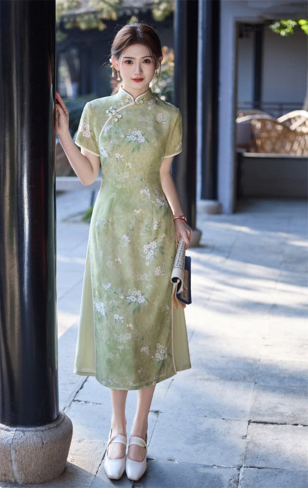 Beth and Brian Qipao-JN Chinese water painting pattern, white&green midi Ao dai