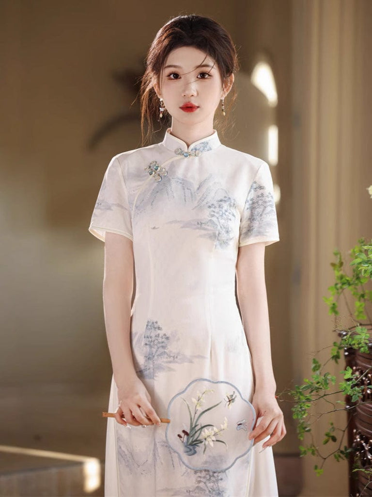 Beth and Brian Qipao-JN Chinese water painting pattern, white&green midi Ao dai
