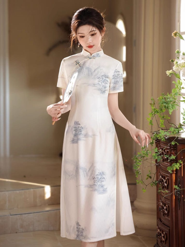 Beth and Brian Qipao-JN Chinese water painting pattern, white&green midi Ao dai