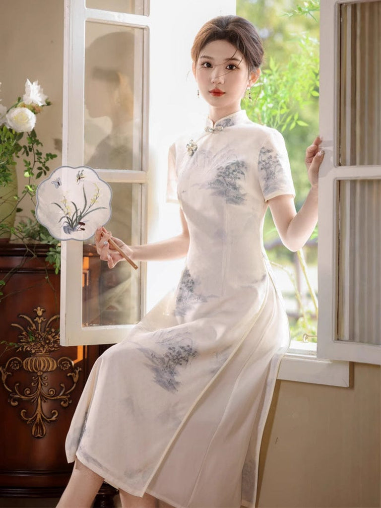 Beth and Brian Qipao-JN Chinese water painting pattern, white&green midi Ao dai