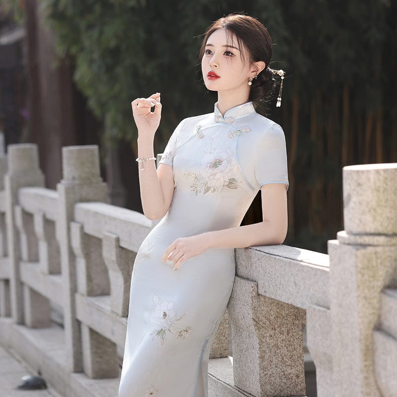 Beth and Brian Qipao-MLS Spring and summer collection, blue&beige midi Cheongsam