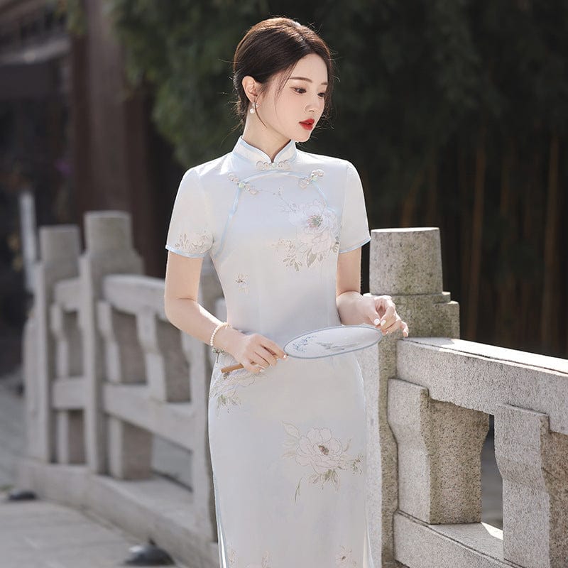 Beth and Brian Qipao-MLS Spring and summer collection, blue&beige midi Cheongsam