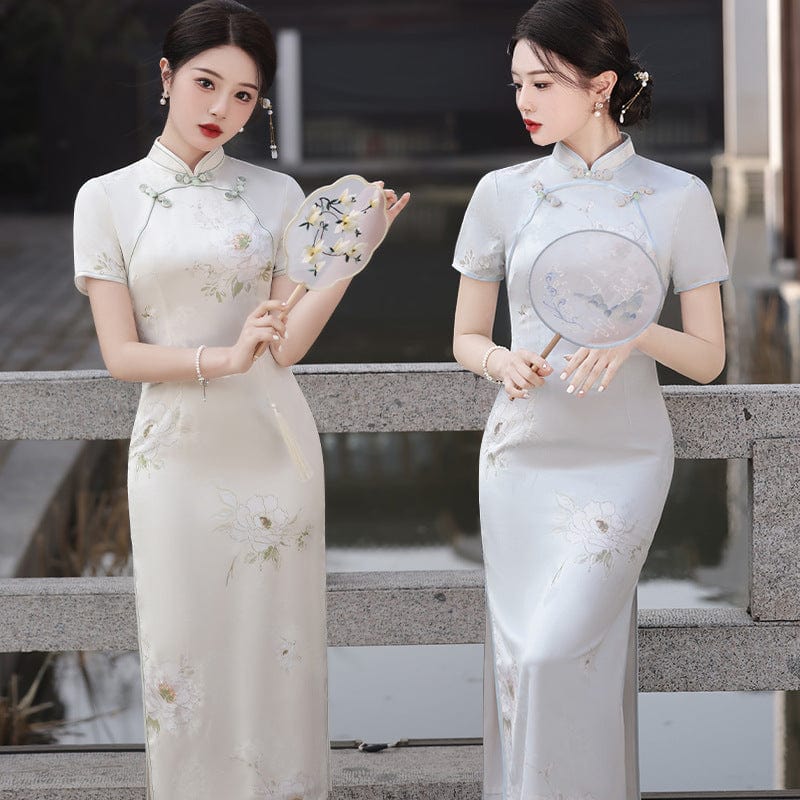 Beth and Brian Qipao-MLS Spring and summer collection, blue&beige midi Cheongsam