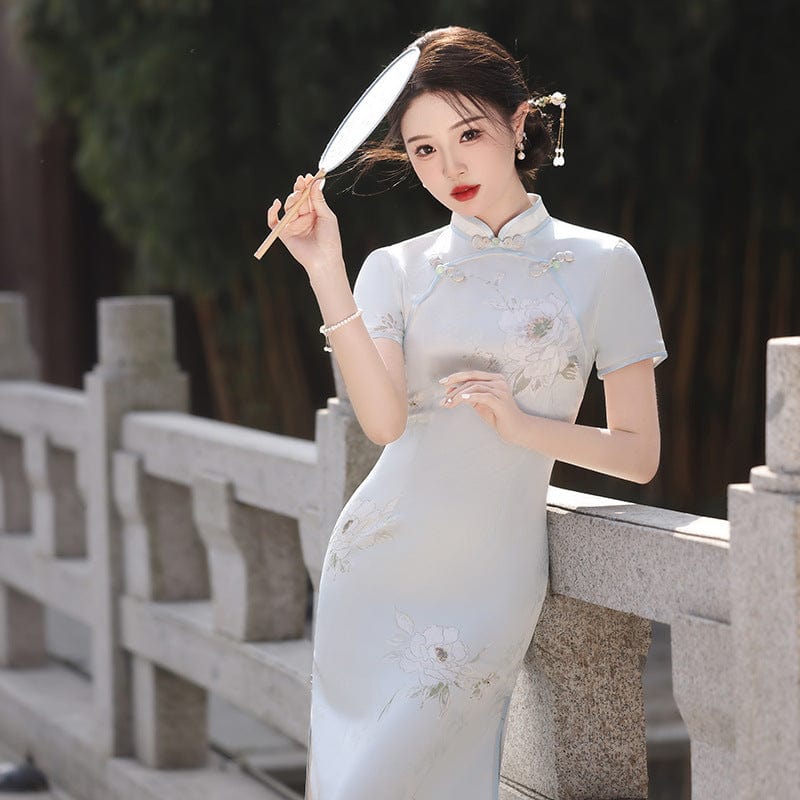 Beth and Brian Qipao-MLS Spring and summer collection, blue&beige midi Cheongsam