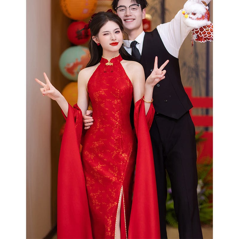 Beth and Brian Qipao-HY Floral pattern, wedding red midi Qipao set
