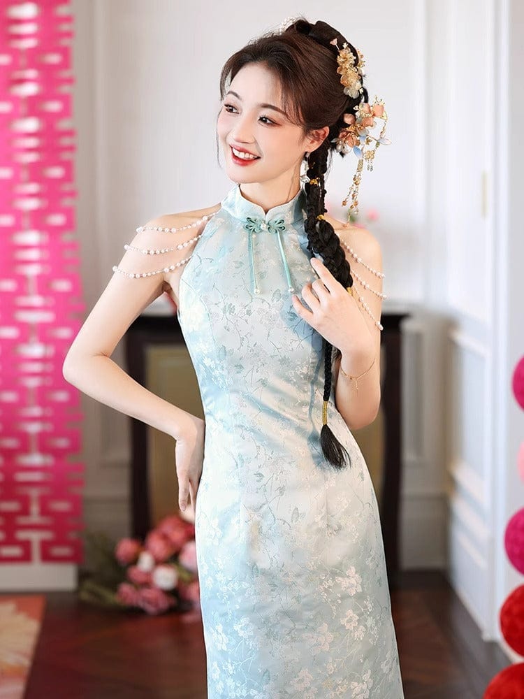 Beth and Brian Qipao-JMX New Chinese style (新中式), light blue midi Cheongsam