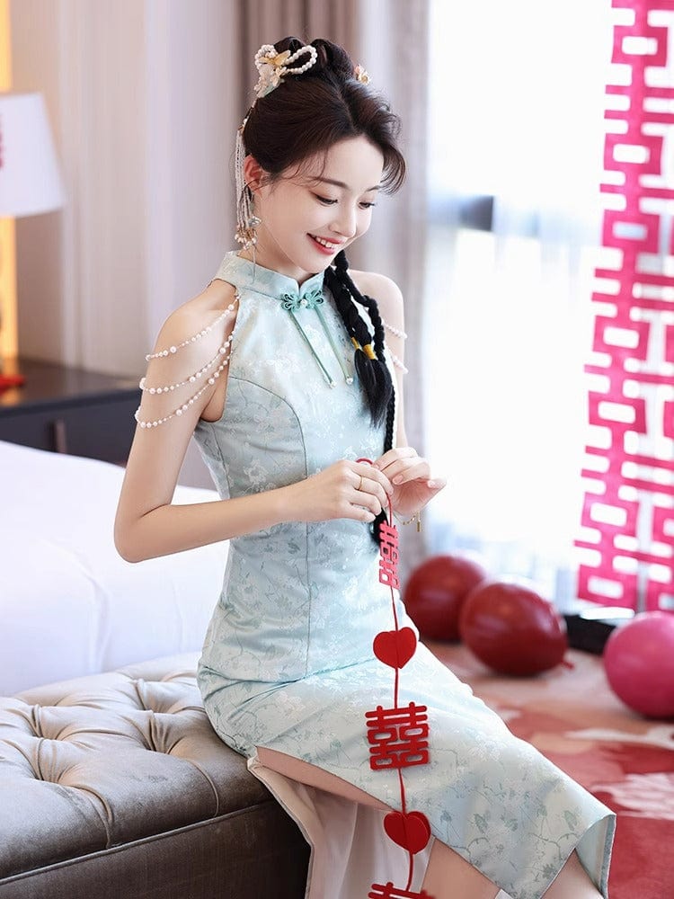 Beth and Brian Qipao-JMX New Chinese style (新中式), light blue midi Cheongsam