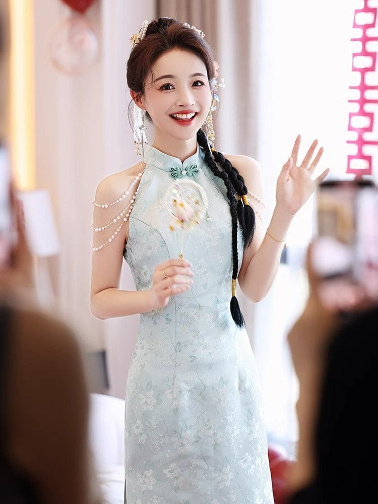 Beth and Brian Qipao-JMX New Chinese style (新中式), light blue midi Cheongsam