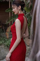 Beth and Brian Qipao-LA Backless, Floral pattern, Chinese tradional lace wedding Cheongsam