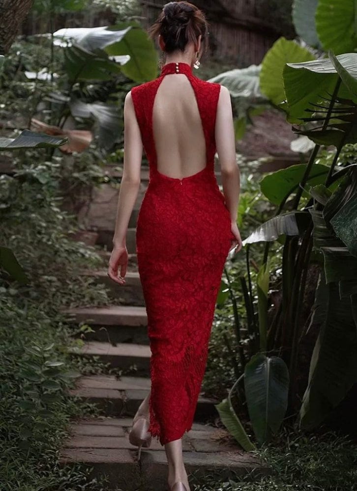 Beth and Brian Qipao-LA Backless, Floral pattern, Chinese tradional lace wedding Cheongsam