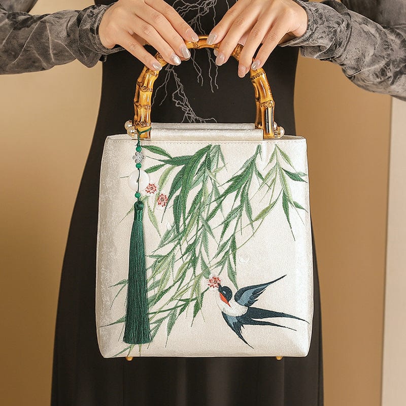 Beth and Brian Qipao-CY Hand-made, Sparrow and willow leaf embroidery, Chinese style Qipao bag