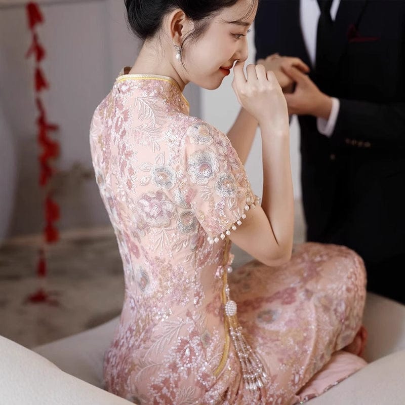 Beth and Brian Qipao-XHZ Floral embroidery, wedding lace pink Cheongsam