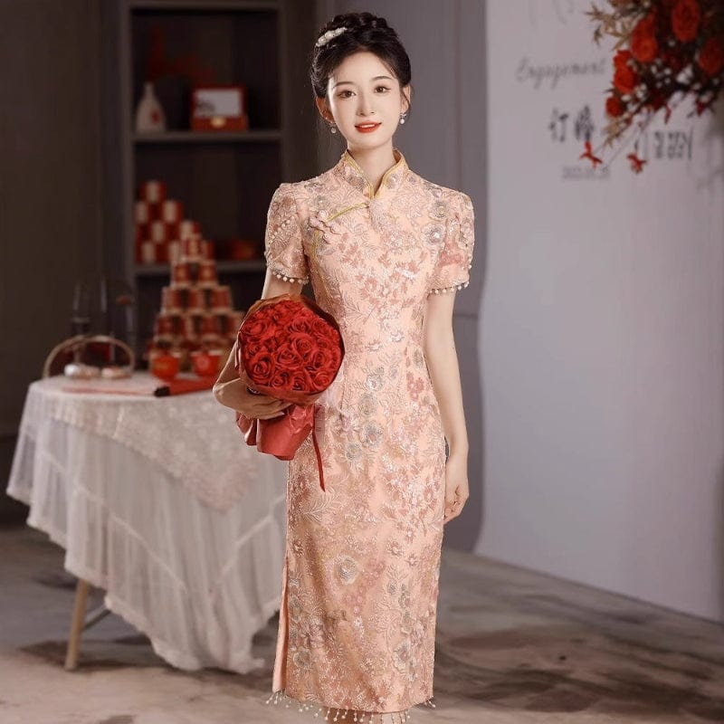 Beth and Brian Qipao-XHZ Floral embroidery, wedding lace pink Cheongsam