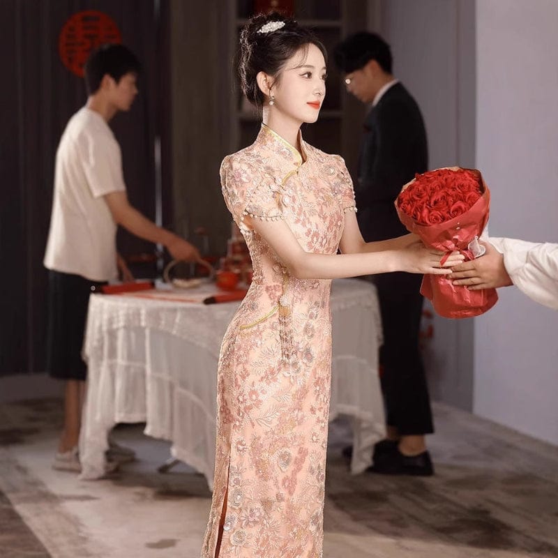 Beth and Brian Qipao-XHZ Floral embroidery, wedding lace pink Cheongsam
