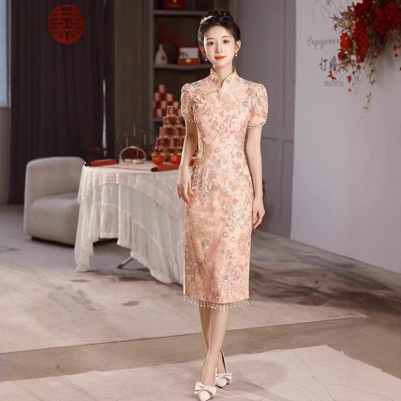 Beth and Brian Qipao-XHZ Floral embroidery, wedding lace pink Cheongsam
