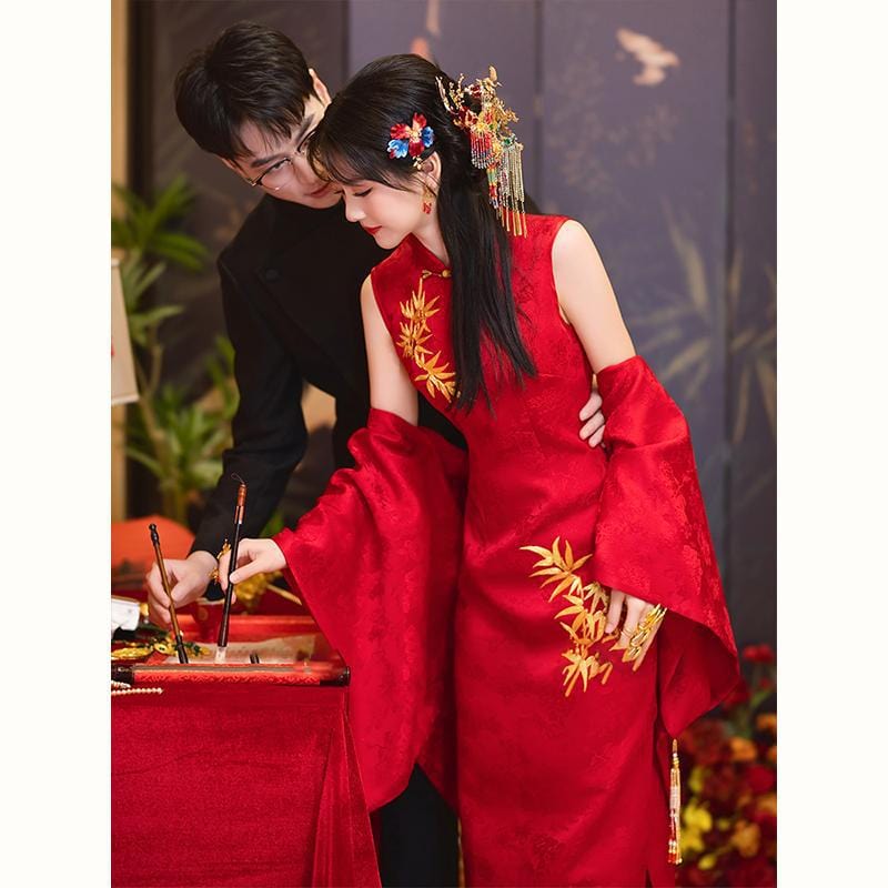 Beth and Brian Qipao-MX Gold bamboo leaf embroidery, red wedding Qipao set