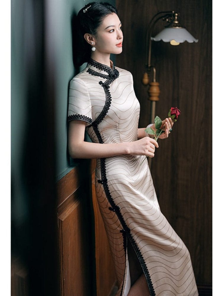 Beth and Brian Qipao-JD 19 mome mulberry silk, high-end, stripe pattern, white midi Cheongsam