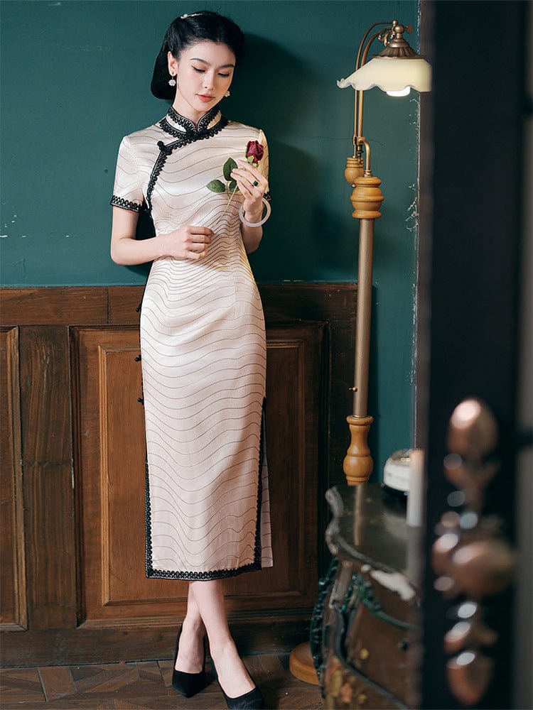 Beth and Brian Qipao-JD 19 mome mulberry silk, high-end, stripe pattern, white midi Cheongsam