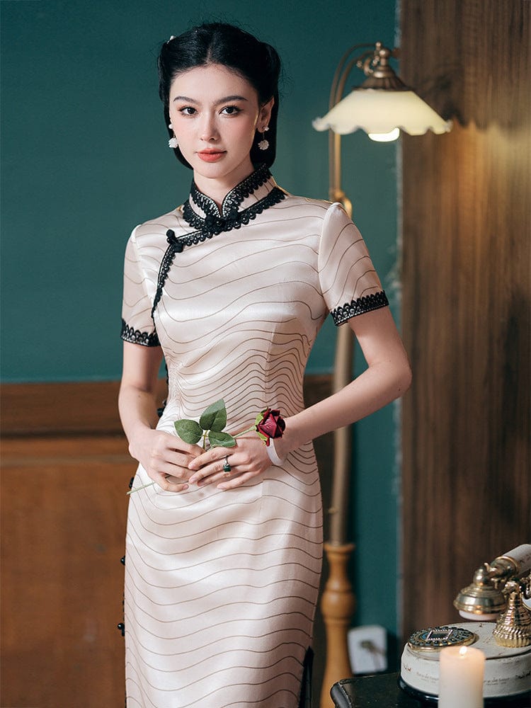 Beth and Brian Qipao-JD 19 mome mulberry silk, high-end, stripe pattern, white midi Cheongsam