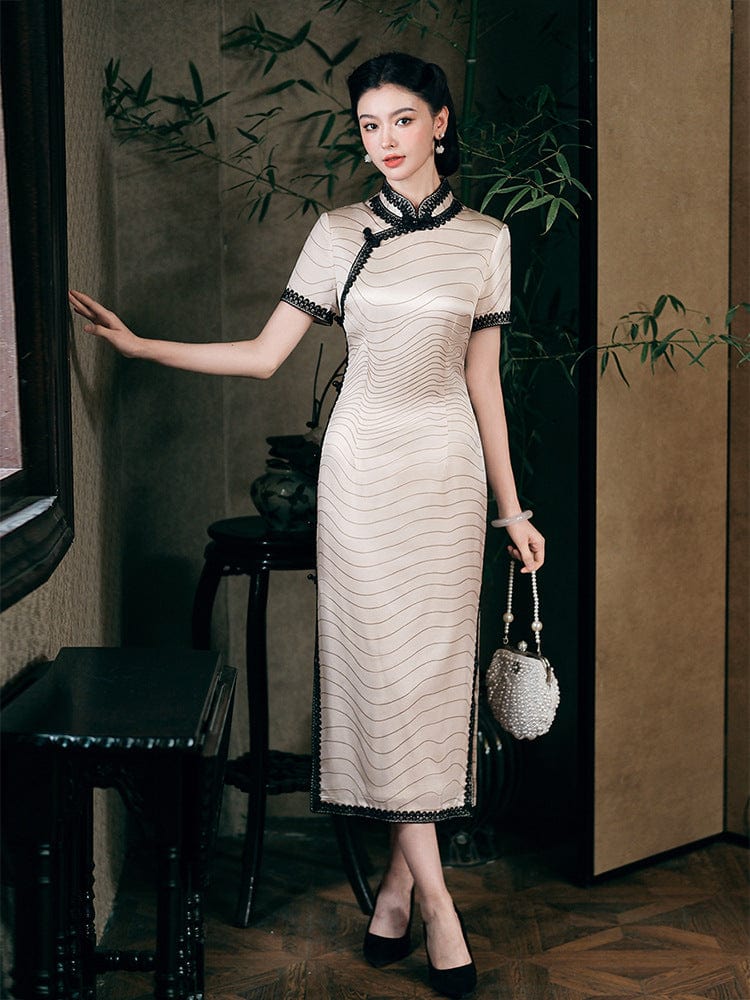 Beth and Brian Qipao-JD 19 mome mulberry silk, high-end, stripe pattern, white midi Cheongsam