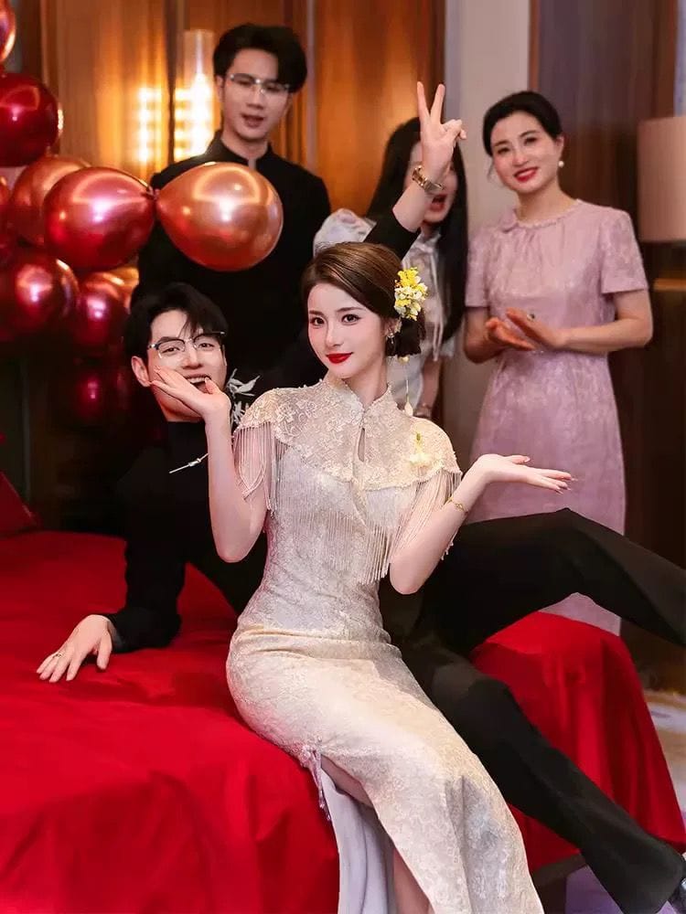 Beth and Brian Qipao-AN Floral pattern, lace midi champagne Qipao set