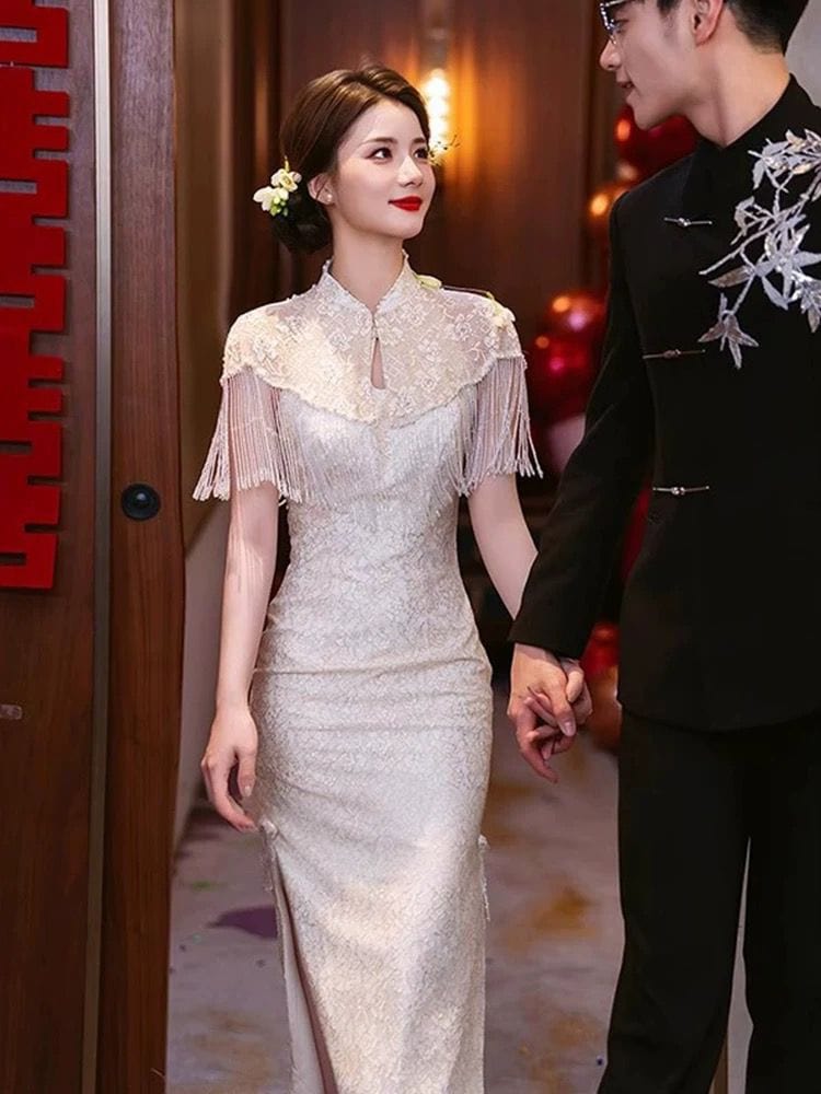 Beth and Brian Qipao-AN Floral pattern, lace midi champagne Qipao set