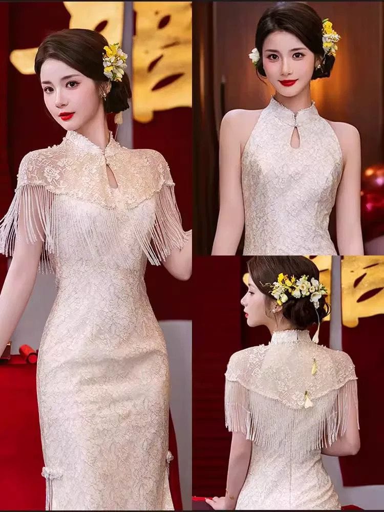 Beth and Brian Qipao-AN Floral pattern, lace midi champagne Qipao set