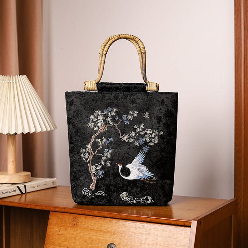 Beth and Brian Qipao-CY Hand-made, Crane embroidered Wooden Handle Chinese Style Tote Bag, Chinese style Qipao bag