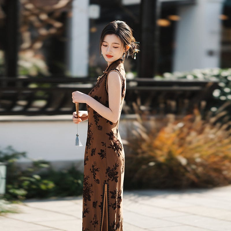 Beth and Brian Qipao-MNX Old Shanghai style, Velvet fabric, floral pattern midi Cheongsam
