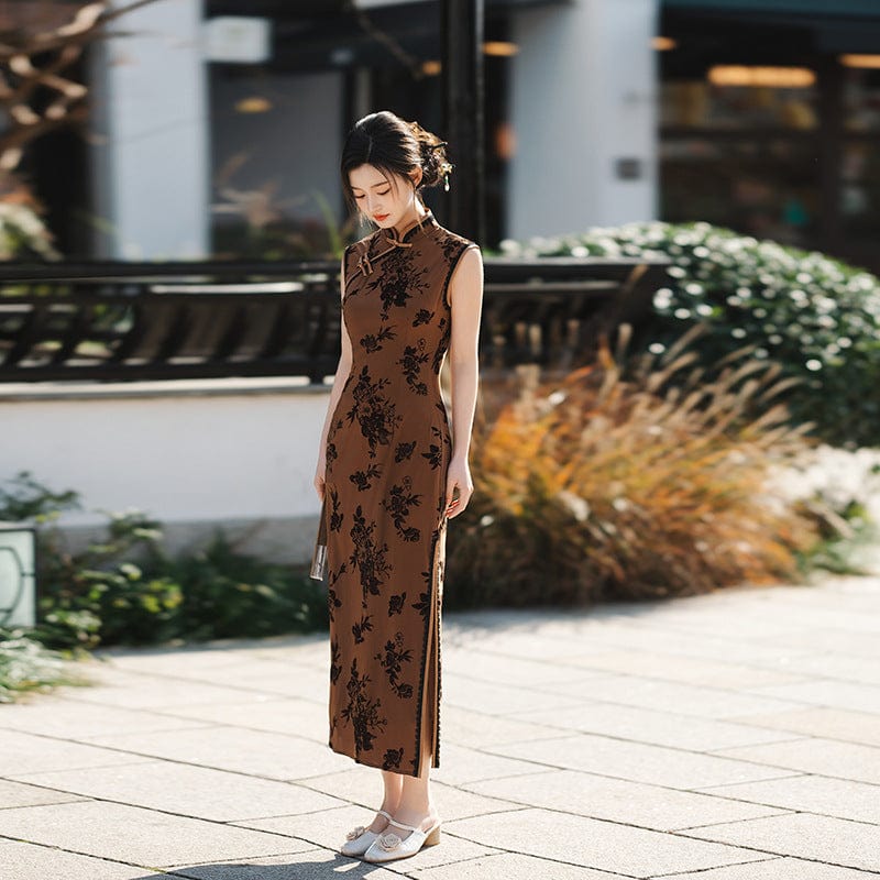 Beth and Brian Qipao-MNX Old Shanghai style, Velvet fabric, floral pattern midi Cheongsam