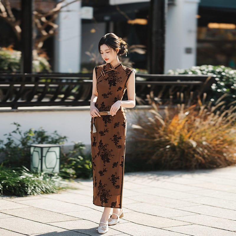 Beth and Brian Qipao-MNX Old Shanghai style, Velvet fabric, floral pattern midi Cheongsam