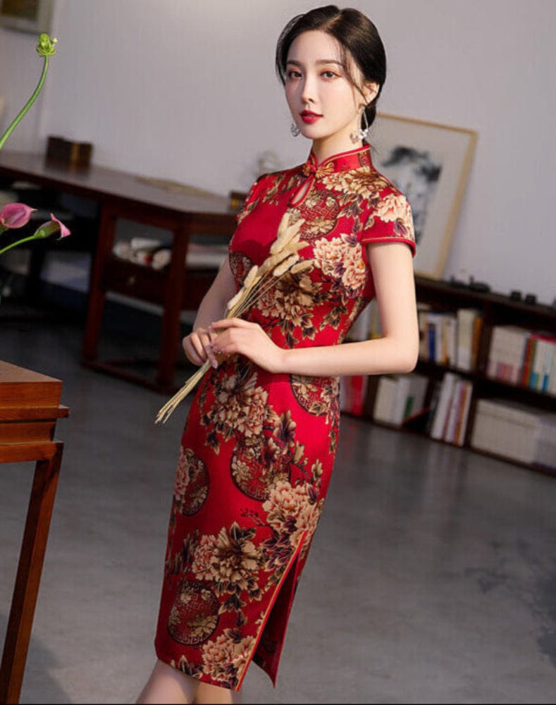 Beth and Brian Qipao-KY Silk satin, floral pattern midi Cheongsam for mothers