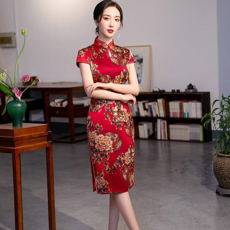 Beth and Brian Qipao-KY Silk satin, floral pattern midi Cheongsam for mothers