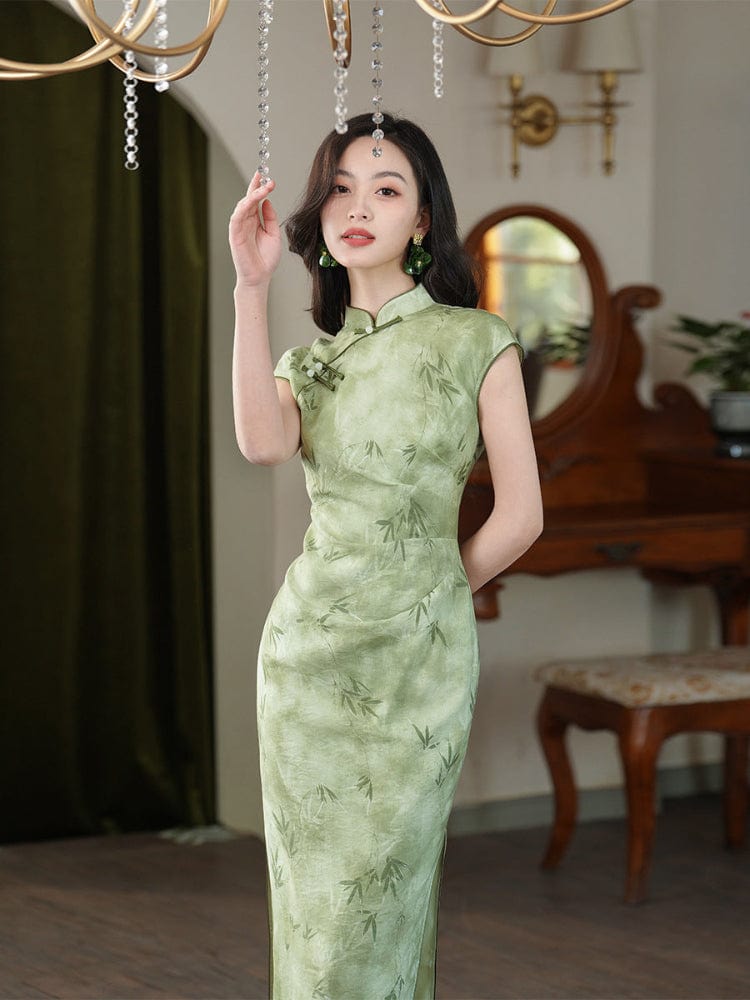 Beth and Brian Qipao-JD Tencel fabric, green long Cheongsam