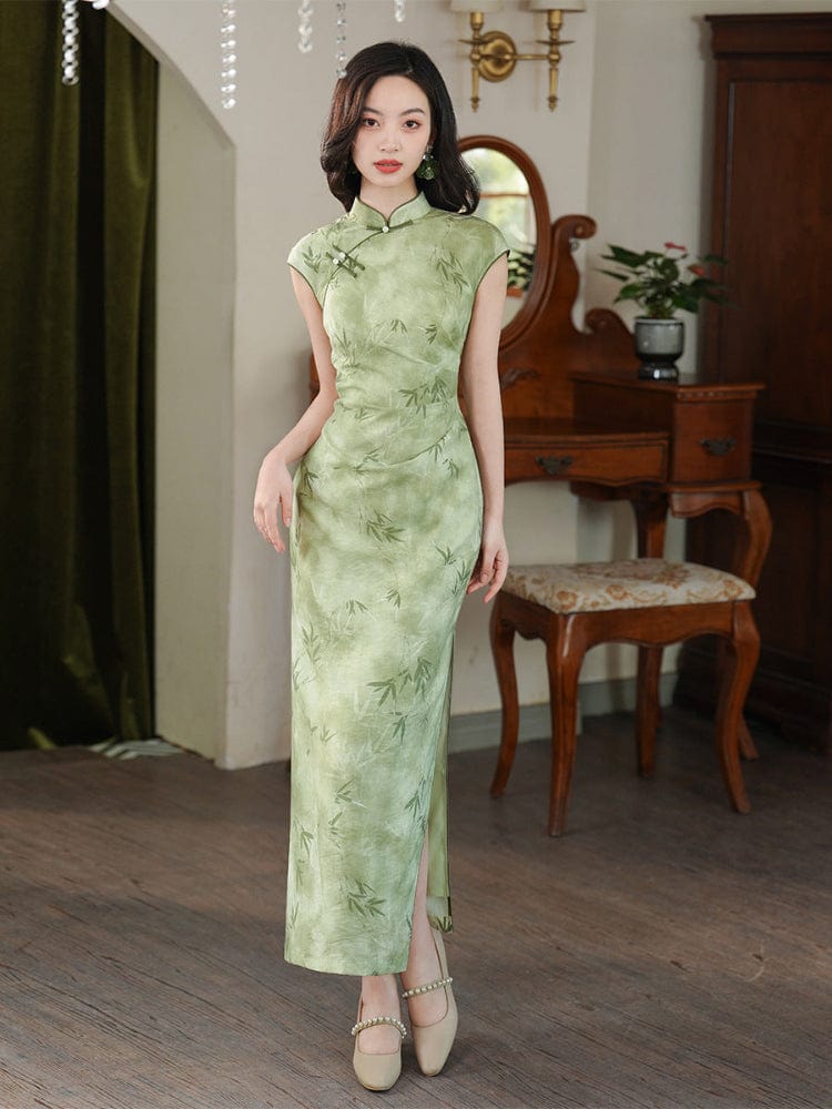 Beth and Brian Qipao-JD Tencel fabric, green long Cheongsam