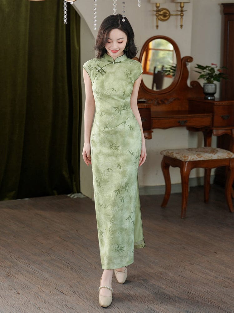 Beth and Brian Qipao-JD Tencel fabric, green long Cheongsam