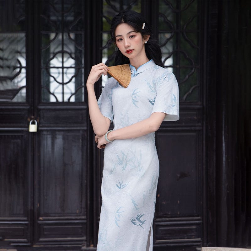 Beth and Brian Qipao-TP Bamboo leaf pattern, light blue midi Cheongsam