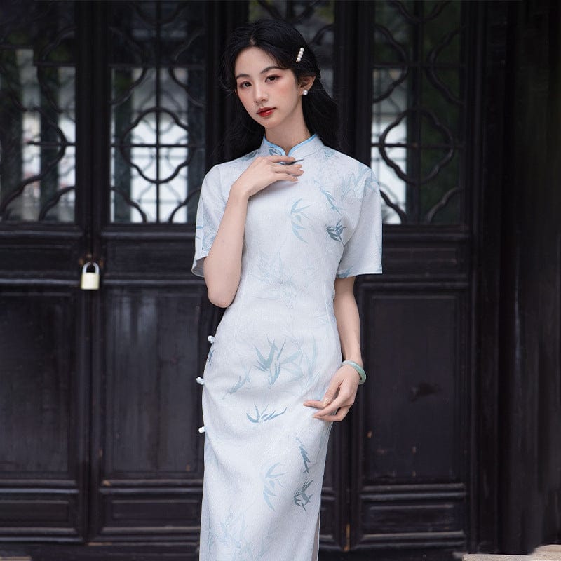 Beth and Brian Qipao-TP Bamboo leaf pattern, light blue midi Cheongsam