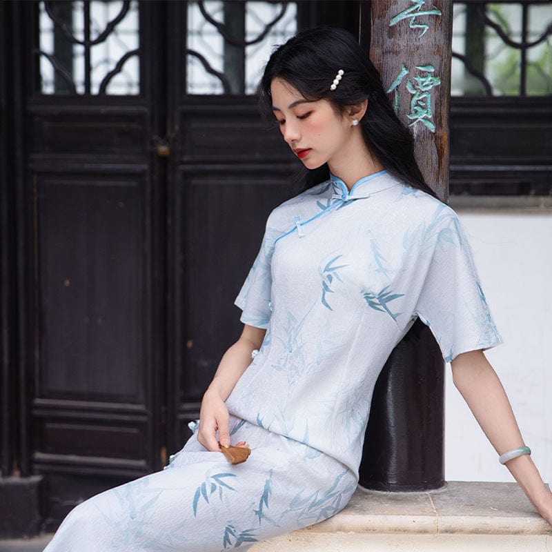 Beth and Brian Qipao-TP Bamboo leaf pattern, light blue midi Cheongsam