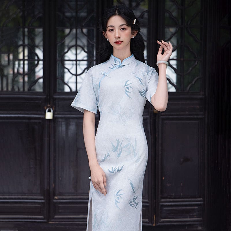 Beth and Brian Qipao-TP Bamboo leaf pattern, light blue midi Cheongsam
